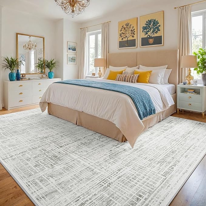 10x12 Area Rugs Washable Rug: Anti-Skid Abstract Modern Living Room Rug Soft Thin Carpets Indoor Floor Non-Shedding Carpet for Bedroom Dining Farmhouse Nursery Home Office (White Gray, 10'x12')
