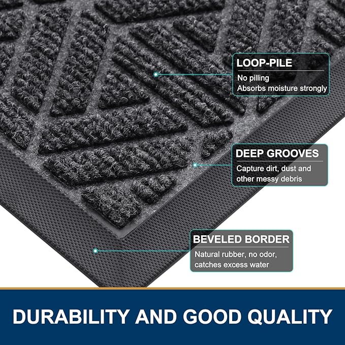 Smiry Front Door Mat Outside Entrance, Heavy Duty Sturdy Natural Rubber Doormat, Trap Dirt and Moisture, Easy Clean Low Profile Mats for Indoor Outdoor Entry, Grid Geometric (71x23, Grey)
