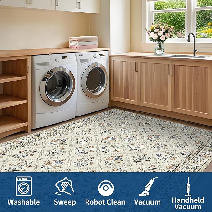 Washable Kitchen Rugs Non Slip 2x6 Hallway Runner Rug Stain Resistant Low Pile Floral Floor Rug with Rubber Backing Non Shedding Runners for Indoor Entryway Bedside Bedroom Farmhouse RV Beige Sand