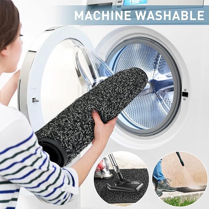 Mibao Front Door Mat, Dirt Trapper Welcome Mat for Outdoor Indoor, Non-Slip Waterproof Doormat, Durable Machine Washable Low Profile Entry Rug for Back Door Outside Patio Porch, 32" x 20", Black