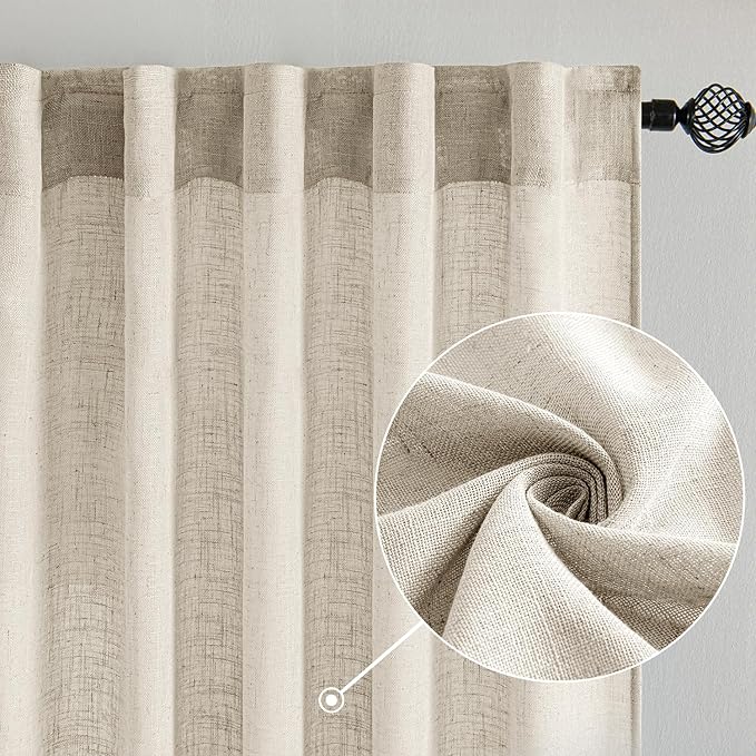 MIULEE Cream Linen Curtains 63 Inch Length 2 Panels for Bedroom Living Room, Soft Linen Textured Window Drapes Semi Sheer Light Filtering Back Tab Rod Pocket Farmhouse Modern Burlap Look Decor