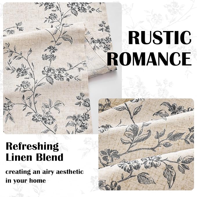 Lazzzy Farmhouse Linen Curtains Black Floral Curtains 84 Inch Length Back Tab Drapes for Living Room Bedroom Light Filtering Country Vintage Rod Pocket, 2 Panels, Black on Beige