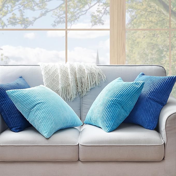 Topfinel Blue Throw Pillow Covers 18x18 Inch Set of 4,Soft Accent Corduroy Decorative Cushion Cover,Square Modern Pillow Case for Beach,Patio,Balcony,Living Room,Summer Gradient Shams Home Decor