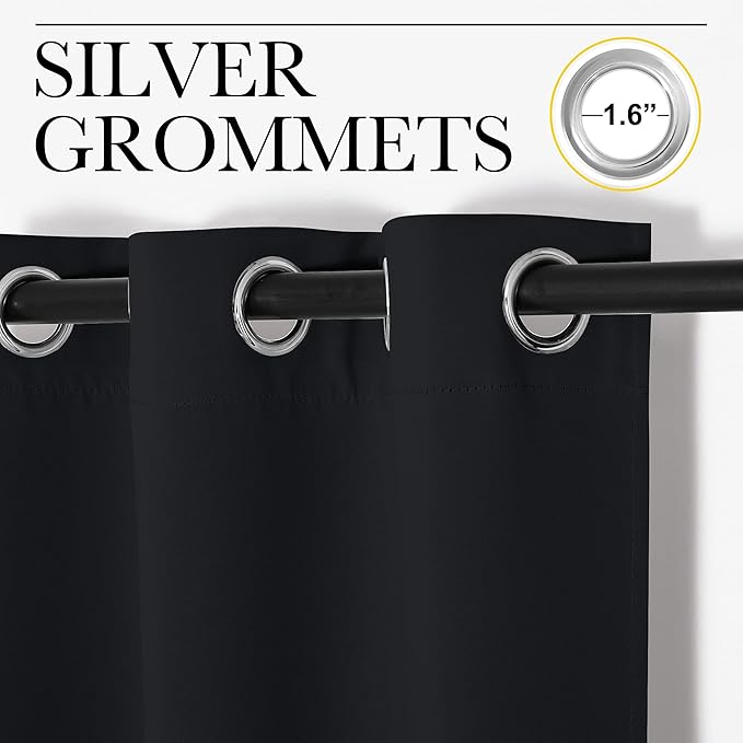 NICETOWN Bathroom Blackout Thermal Curtains and Drapes, Black Solid Thermal Insulated Grommet Blackout Drapery Panels for Window (2 Panels, 34 inches Wide by 72 inches Long, Black)