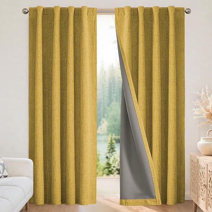 Joydeco Blackout Curtains for Bedroom - 100% Light Blocking 2 Panels Set Yellow Drapes 66" W x 84" L, Thermal Insulated Room Darkening Curtains, Linen Textured for Living Room, Rod Pocket & Back Tabs