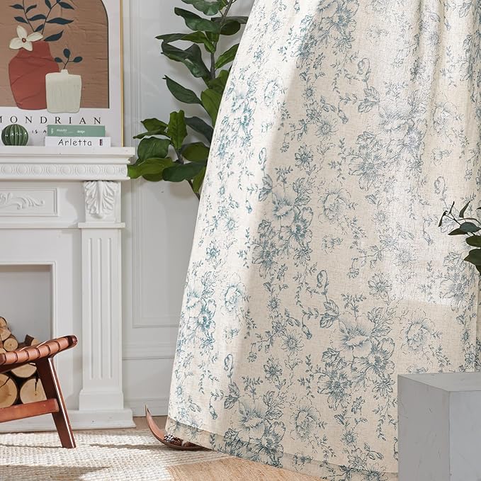 jinchan Linen Blend Curtain Floral Curtains for Living Room 54 Inch Length Blue Printed Curtain Rod Pocket Back Tab Farmhouse Peony Flower Patterned Drapes Bedroom Window Curtains Set 2 Panels