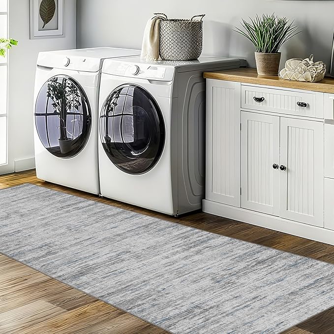2x5 Washable Runner Rugs，Modern Abstract Rug Runner,Ultra-Thin Kitchen Runner Rug Non-Slip Backing Entryway Runners,Bathroom Carpet for Hallways,Bedroom，Laundry Room（Blue/Grey,2' x 5' ）