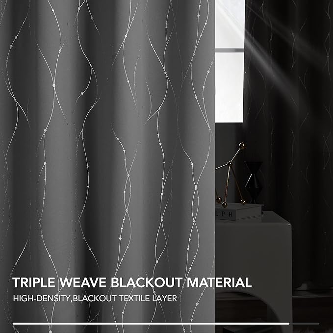 Deconovo Blackout Curtains, Grey Curtain, Thermal Insulated Noise‑Reducing Drape, Wave Line Dot Foil Print, 52 x 45 Inch, 2 Panels, Machine‑Washable Curtain Drapes for Kitchen Nursery Small Window