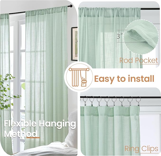 BGment Light Green Linen Semi Sheer Curtains 45 Inch Length - Short Drapes Lightweight Boho Rustic for Living Room Spring Decor with Rod Pocket, 2 Panels Set, 42 X 45 Inch
