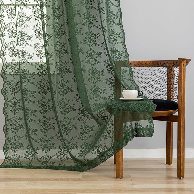 YJ YANJUN Vintage Lace Curtains-Victorian Floral Dark Green Boho 102 inch Long Curtains for Living Room Bedroom Custom 2 Panel Rod Pocket Retro Crochet Sheer Floor to Ceiling Drapes W52xL102 2 Panels