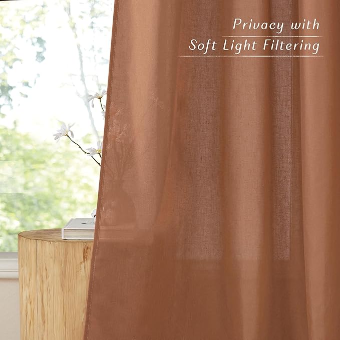 NICETOWN Caramel Linen Curtains for Kitchen, Thick Flax Small Window Treatments Semi Sheer Privacy Assured with Light Through for Cafe/Bathroom, W55 x L144, 2 Panels