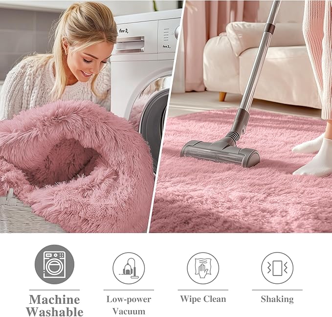 OLANLY Pale Pink Round Rugs for Bedroom - Machine Washable, 3 ft Circle Area Rugs for Living Room, Soft and Fluffy Shaggy Carpet for Teen Girls and Boys, Nursery Rooms, Dorms, Home Decor Aesthetic