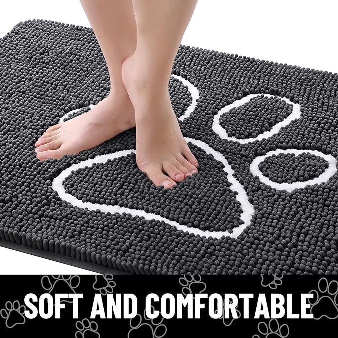 Smiry Dog Door Mat for Muddy Paws, Absorbent Dirt Trapper Non Slip Quick Dry Washable Chenille Mat for Mud Dogs, Entry Rug for Indoor and Outdoor (54x24 Inches, Dark Grey and White)
