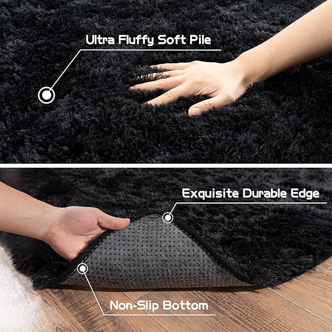 Pionblank Large Rug for Living Room 6x9 Feet, Modern Soft Shag Area Rug, Plush Fuzzy Carpet for Bedroom Girls Boys Room Home Nursery Teens Dorm Decor, Black