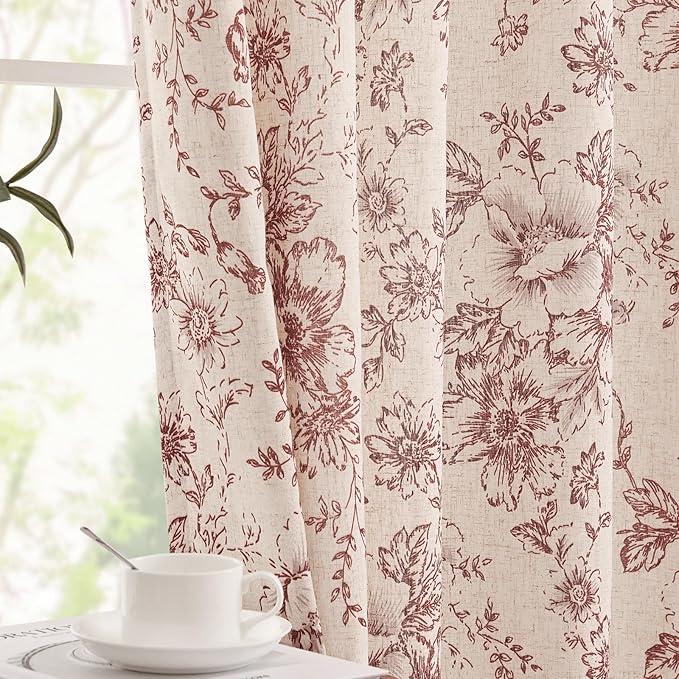 jinchan Lined Linen Blend Curtain Floral Curtains for Living Room 90 Inches Long Farmhouse Red Flower Printed Curtain Rod Pocket Back Tab Peony Patterned Drapes Curtains Set 2 Panels