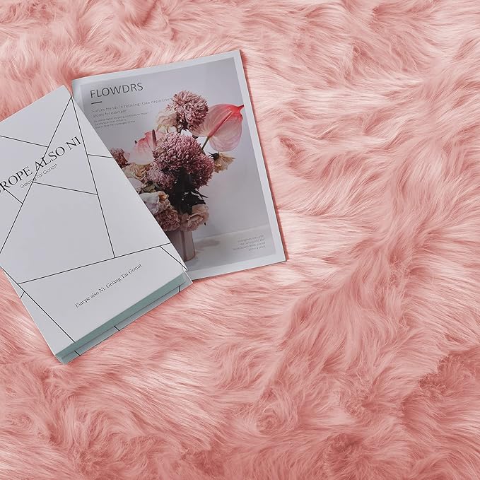 Goolela Pink Faux Sheepskin Fur Rug 4x6 Fluffy Fuzzy Furry Area Rug for Girls Bedroom Dorm Light Pink Shag Carpet for Playroom Washable Sheepskin