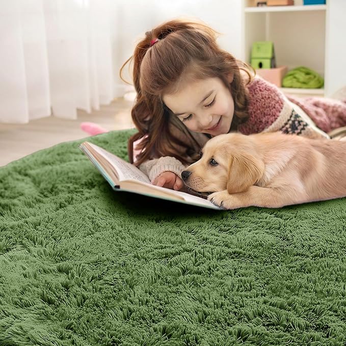 OLANLY Green Round Rugs for Bedroom - Machine Washable, 8 ft Circle Area Rugs for Living Room, Soft and Fluffy Shaggy Carpet for Teen Girl and Boys, Nursery Rooms, Dorms, Home Decor Aesthetic
