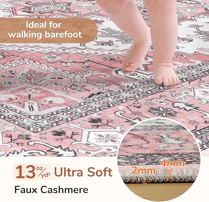 OPPODREAM Soft Area Rugs 5x7, 5x7 Washable Rug with Non Slip Backing, 5 x 7 Faux Cashmere Low-Pile Carpet, Pink & Cream