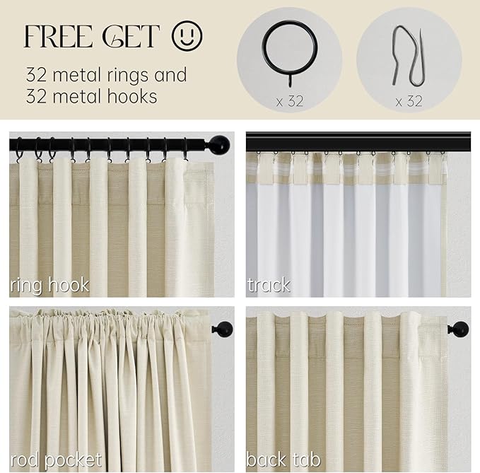 Cream Extra Long 132 Inch 100% Blackout Curtains for Livingroom Neutral Boho Linen Blend Farmhouse Curtain Drapes Sound Proof Drapes Privacy Ceiling Track Villa Bedroom 11Ft(W52 xL132 2 Panels)