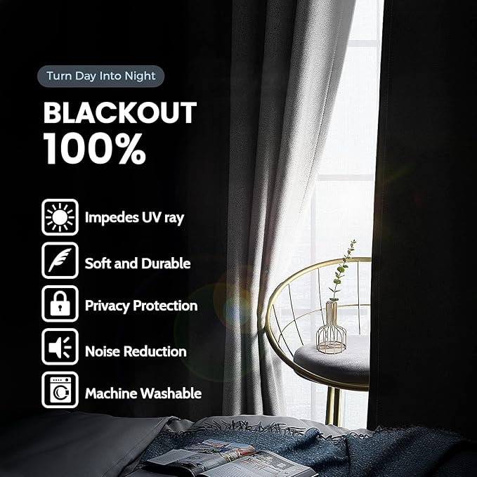 SimpleHome 100% Blackout Curtains for Bedroom,Thermal Insulated Grommet Window Drapes Room Darkening White Curtains for Living Room with Black Back,52 x 84 Inch,2 Panels