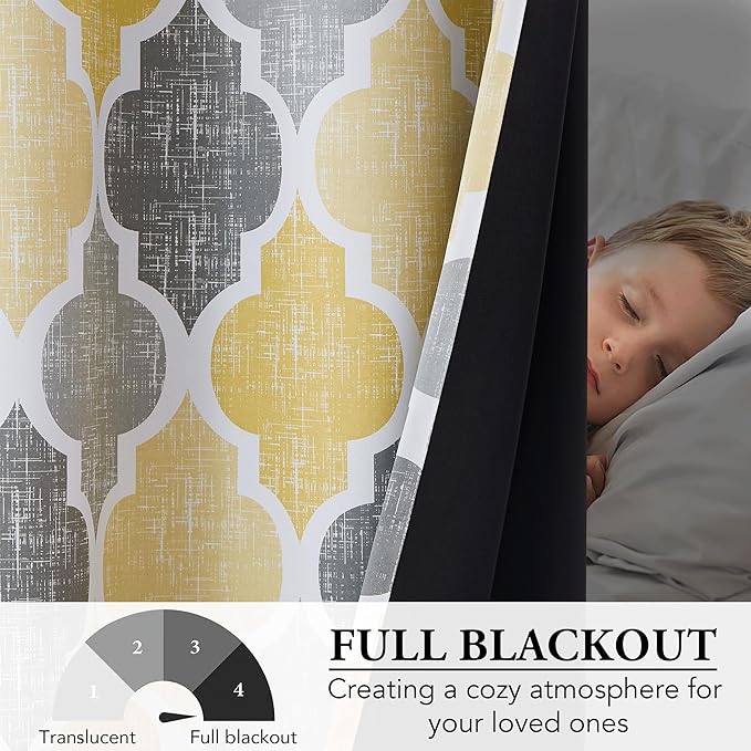 Beauoop 100% Blackout Curtains 84 Inches Long for Patio Sliding Door Yellow Grey Extra Wide Moroccan Geo Room Darkening Thermal Soundproof Room Divider Grommet Window Treatment Drapes,100x84 Set of 1