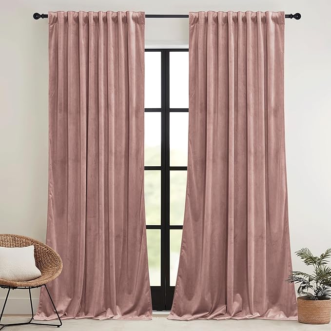 RYB HOME Dusty Pink Velvet Curtains 72 inches with Hook Belt, Soft Fabric Room Darkening Thermal Insulated Luxurious Home Decor Curtains for Living Room Bedroom, W 52" x L 72", 2 Panels Set