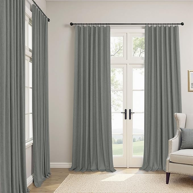 Gray Blackout Curtains 96 Inches Long 2 Panel Burg Linen Textured Charcoal Dark Grey Room Darkening Curtains for Bedroom Office Insulated Thermal Curtains for Summer Heat Light Blocking Divider Drapes