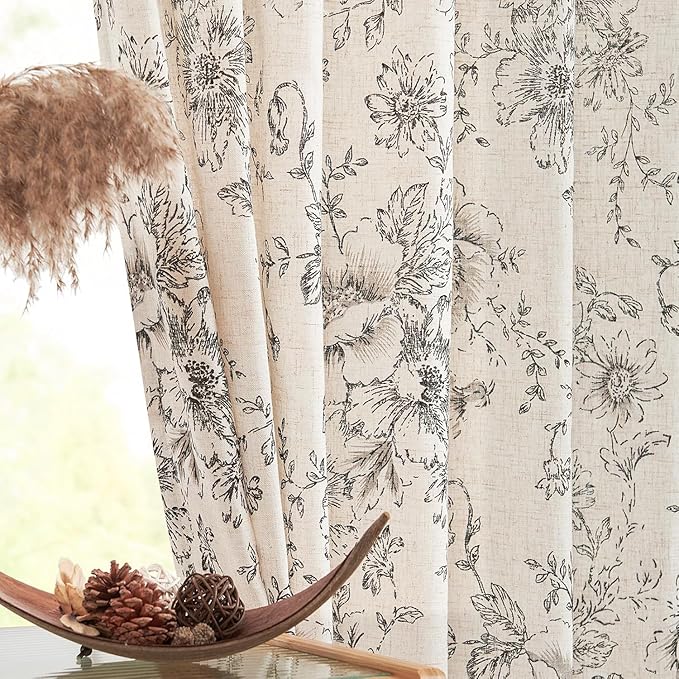 jinchan Linen Blend Curtain Floral Curtains for Living Room 96 Inch Length Black Printed Curtain Rod Pocket Back Tab Farmhouse Peony Flower Patterned Drapes Bedroom Window Curtains Set 2 Panels