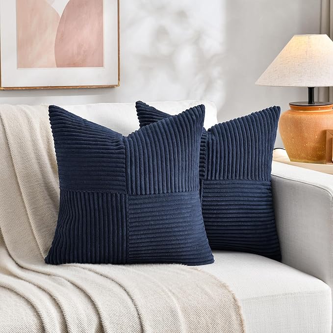Fancy Homi 2 Packs Navy Blue Decorative Throw Pillow Covers 20x20 Inch for Living Room Couch Bed Sofa, Rustic Farmhouse Boho Home Decor, Soft Corss Corduroy Patchwork Accent Cushion Case 50x50 cm