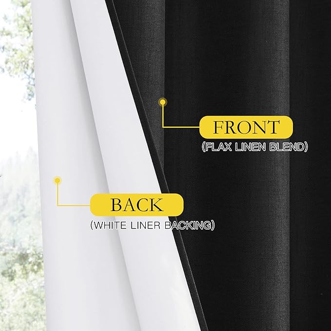 NICETOWN Vintage Open Linen Weave Flax Thermal Curtains, 100% Blackout Curtains 84 inches Long for Dining Room, Soundproof Window Treatment Drapes for Hall Room, Black, 42" Wide Per Panel, Set of 2