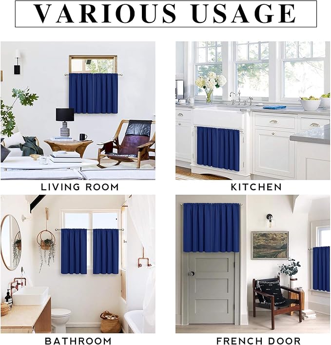 RYB HOME Blackout French Door Window Curtain Covering, Rod Pocket Thermal Insulated Privacy Non See Through Drapes for Bathroom Window, Width 29 by Length 45, Marine Blue, 2 Panels
