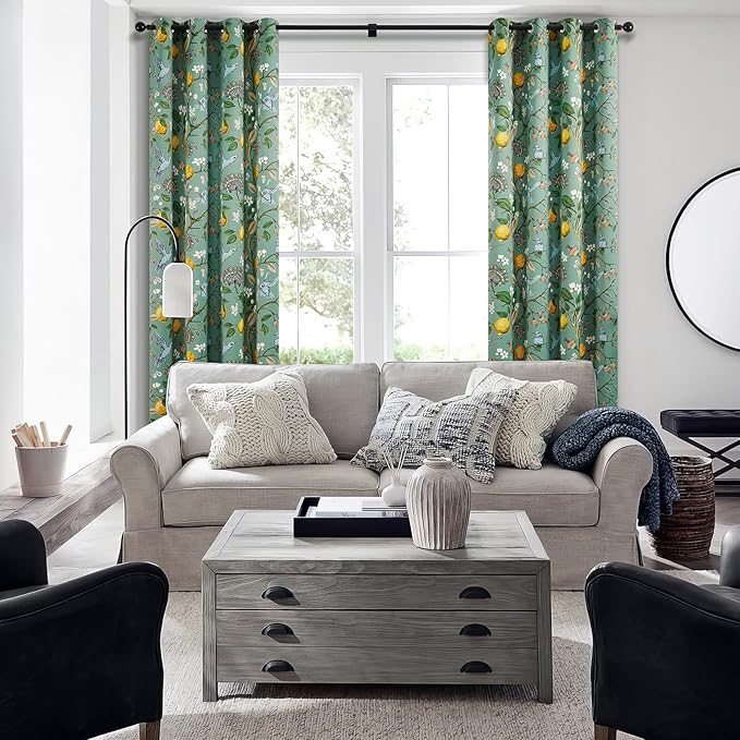 Topfinel Floral Two Pages Curtains 84 Inches Long Drapes,Vintage French Country Grommet Botanical Hummingbird Woodland Jungle Victorian Patterned Sage Green Lemon Drapes for Bedroom Dining Living Room