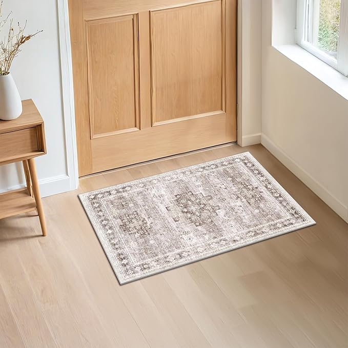 Boho Bathroom Rugs - Washable Non-Slip Soft Low Pile Area Rug for Entryway, Kitchen, and Indoor Spaces - Modern Farmhouse Design, Perfect for Boho Décor (2x3 Beige/Latte)