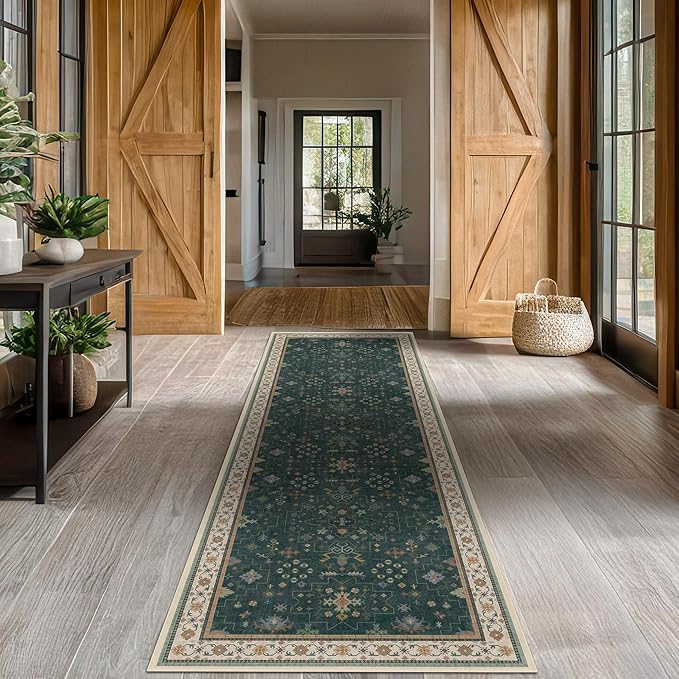 Hazo Haus Dark Green Kitchen Rug 10 ft Long - Modern Vintage Boho Unique Floral with Gold Accent, Washable Low Pile Non-Slip Extra Long Wide Runner Rugs for Hallway, 3x10
