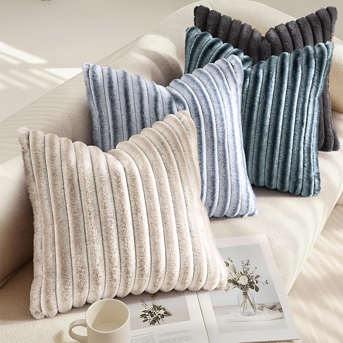 decorUhome Cozy Faux Fur Throw Pillow Covers 16x16 Set of 2 Decorative Soft Plush Striped Modern Farmhouse Boho Couch Pillow Cases with Velvet Back for Sofa Bed Living Room, Grey White