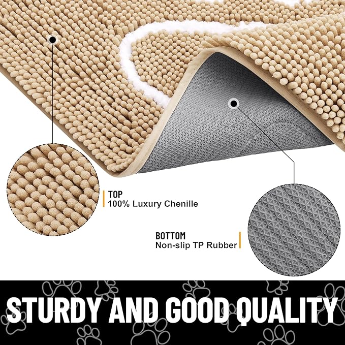 Smiry Dog Door Mat for Muddy Paws, Absorbent Dirt Trapper Non Slip Quick Dry Washable Chenille Mat for Mud Dogs, Entry Rug for Indoor and Outdoor (54x24 Inches, Beige and White)