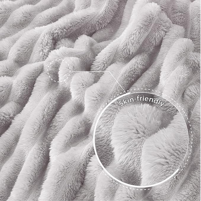 Exclusivo Mezcla Queen Size Flannel Fleece Blanket, Super Soft Striped Jacquard Bed Blanket, Lightweight Fuzzy Cozy for All Seasons, 90x90 Inches, Light Grey