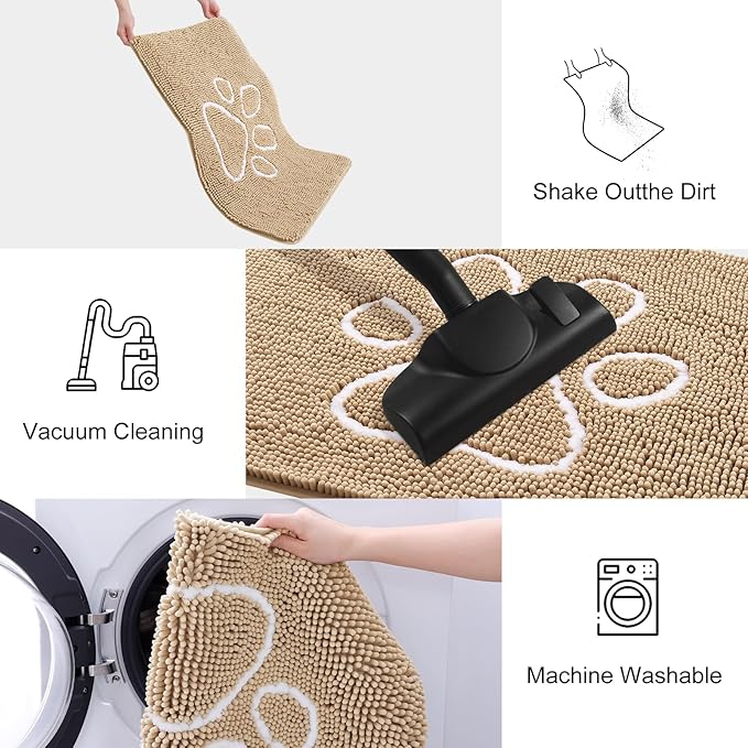 Smiry Dog Door Mat for Muddy Paws, Absorbent Dirt Trapper Non Slip Quick Dry Washable Chenille Mat for Mud Dogs, Entry Rug for Indoor and Outdoor (44x24 Inches, Beige and White)