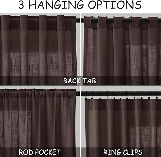 Nanspring Coffee Linen Semi Sheer Curtains 108 Inches Long 2 Panels Set Back Tab Loop Pocket Boho Large Window Curtain Extra Long Light Filtering Drapes High Ceiling Curtains for Living Room 52x108