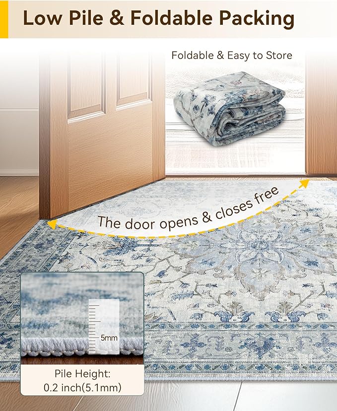 RELEANY Area Rugs Square 10ft Washable Non-Slip, Floral Vintage Distress Print Pattern Medallion Carpet for Living Room Bedroom Dining Room, Light Blue Navy Beige Gray White