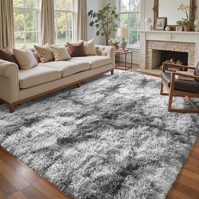 8x10 Ft Extra Large Shag Rugs for Living Room, Tie Dyed Ultra Soft Fluffy Furry Area Rugs for Bedroom Indoor Floor, Aesthetic Carpet for Kids Home Decor (Grey)