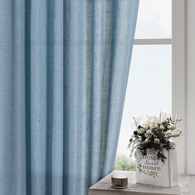 Nanspring Blue Semi Sheer Linen Curtains 84 inch Length for Living Room Back Tab Modern Farmhouse Coastal Decor Stone Dusty Blue Cotton Textured Gauze Curtains for Dining Room Bedroom Blue Grey