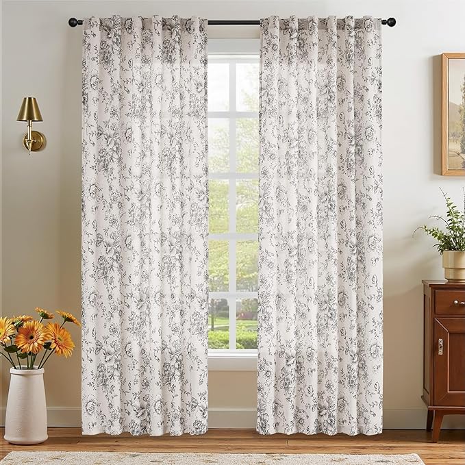 jinchan Linen Blend Curtain Floral Curtains for Living Room 90 Inch Length Black Printed Curtain Rod Pocket Back Tab Farmhouse Peony Flower Patterned Drapes Bedroom Window Curtains Set 2 Panels