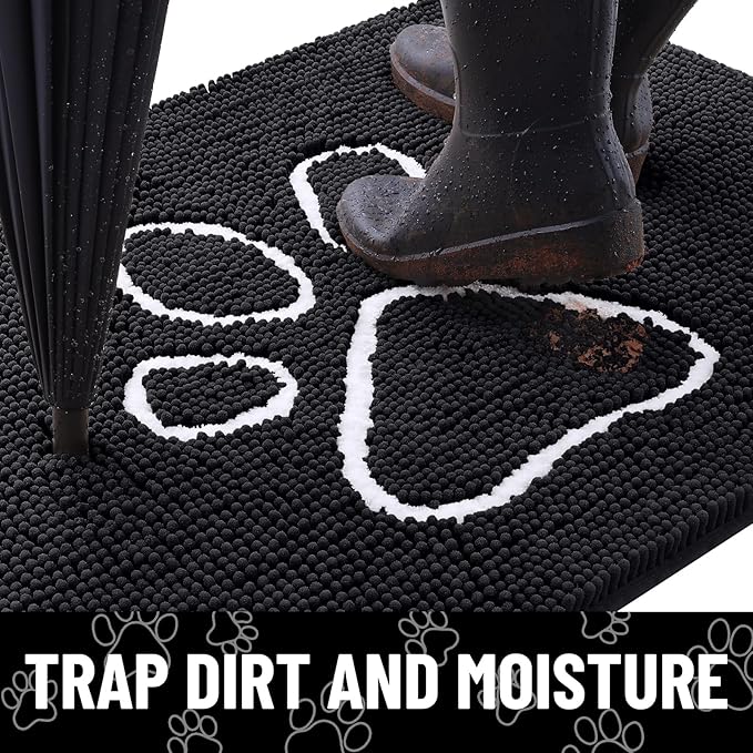 Smiry Dog Door Mat for Muddy Paws, Absorbent Dirt Trapper Non Slip Quick Dry Washable Chenille Mat for Mud Dogs, Entry Rug for Indoor and Outdoor (40x24 Inches, Black and White)