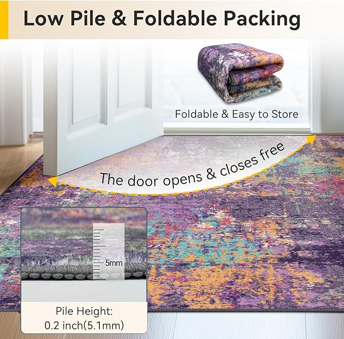 Washable Area Rugs 6'x9' Non-Slip Modern Abstract Soft for Living Room Entryway Bedroom Nursery, Print Pattern, Purple Orange Blue Green Rust Red Colorful