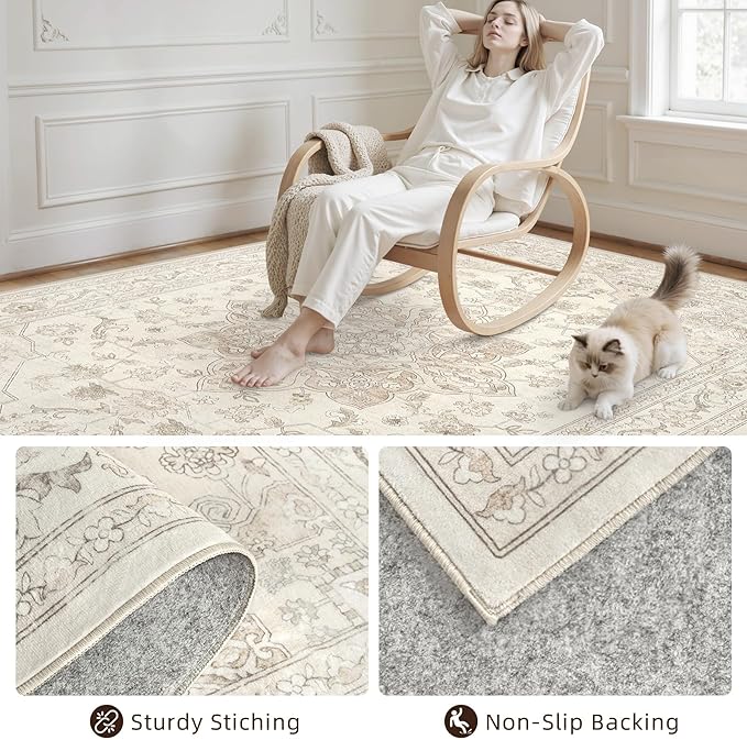 8x10 Area Rugs for Living Room: Vintage Boho Neutral Washable Rug Indoor Soft Large Area Rug Carpet for Bedroom Nursery Farmhouse Dining Room Office Floor Non-Slip Low Pile Under Table Rug Beige White