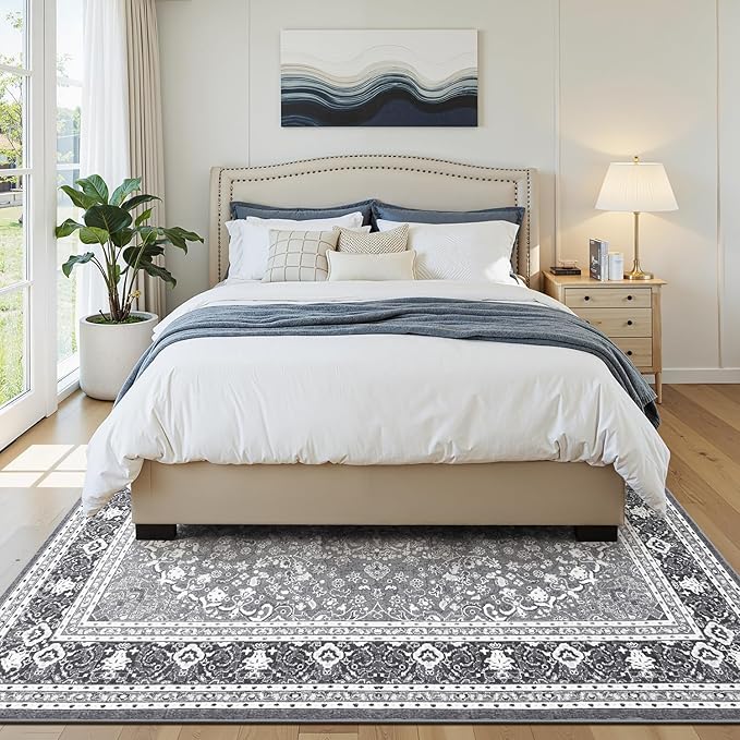 Lofus 5x7 Area Rugs for Living Room, Machine Washable Non-Slip Area Rug, Low Pile Large Rugs for Bedroom, Kitchen, Dining Room, Home Office, Vintage Oriental Print Rug, Light Grey with White