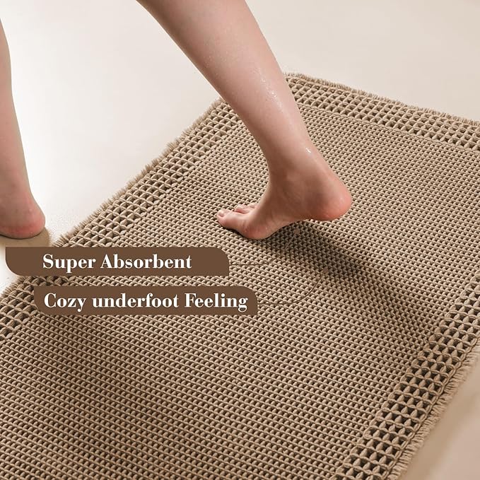 RESARE Waffle Bath Mat for Bathroom, Super Absorbent Bathroom Rugs Non Slip Machine Washable, Ultra Soft Quick Dry Boho Bath Rugs with Tassels for Floor, Upgraded Bordered Design, 18"x30" Brown