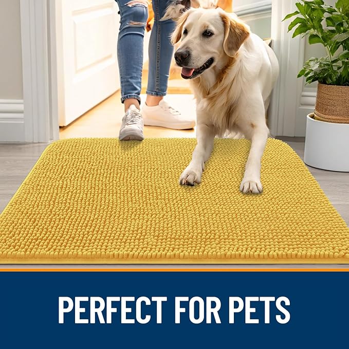 OLANLY Dog Door Mat for Muddy Paws 54x24, Absorbs Moisture and Dirt, Absorbent Non-Slip Washable Doormat, Quick Dry Chenille Mud Mat for Dogs, Entry Indoor Entryway Carpet for Inside Floor, Yellow