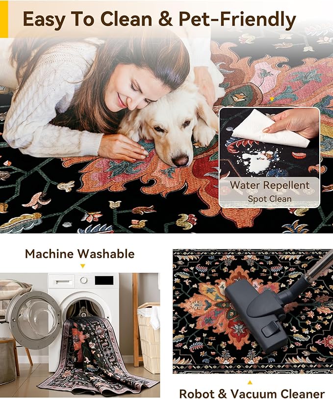 Area Rugs 3'x7' Runner Rug Non Slip Washable for Kitchen Hallway Bedroom Beside Laundry Room Bathroom Rug, Floor Carpet, Black Colorful Floral Dark Tan